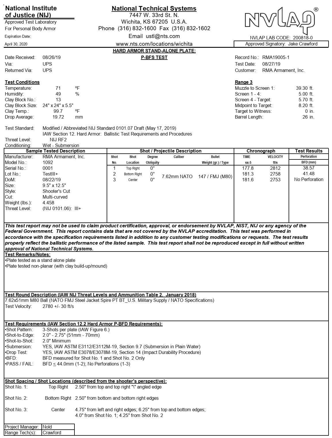 RMA Level III+ Body Armor (RF2) Multi-Curve Defeats m855a1