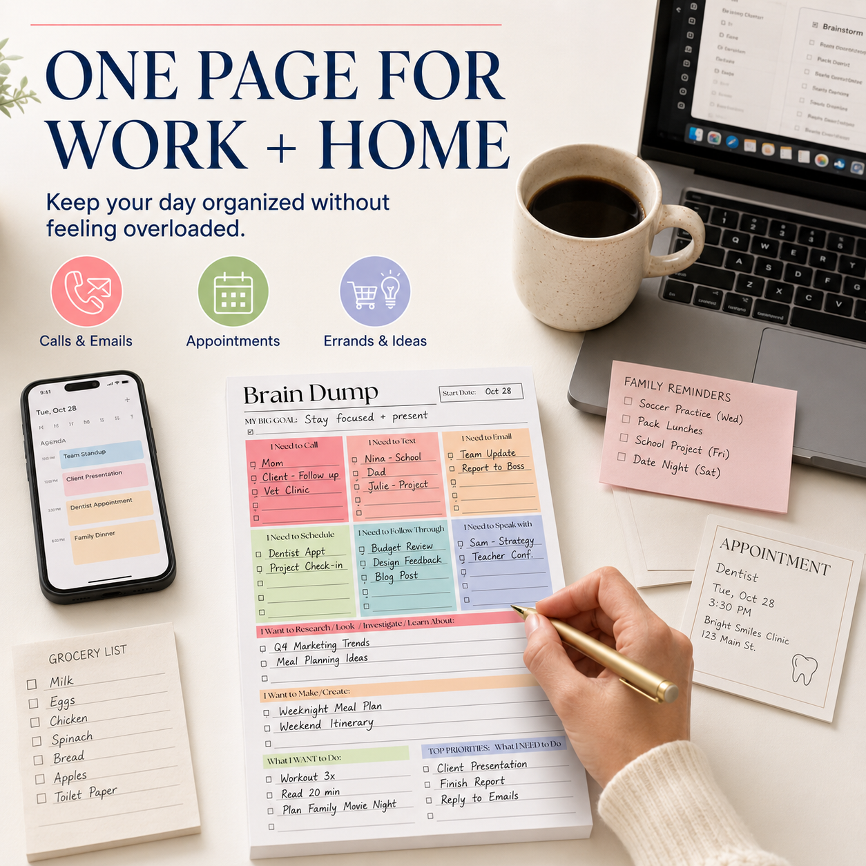 Brain Dump Planner organizing work calls appointments errands and home tasks