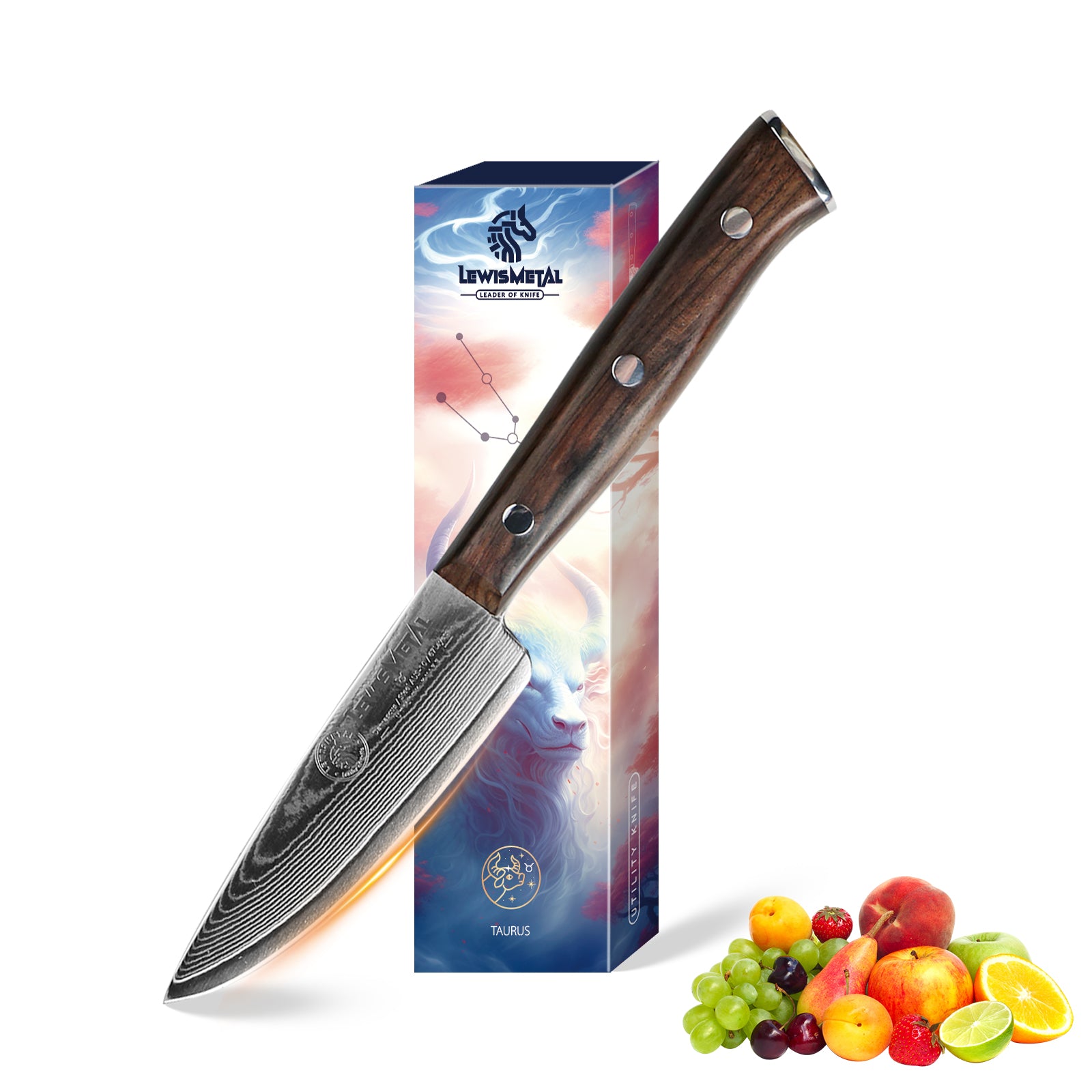 IGNITED CUTLERY Zodiac Series LM-Taurus Mini Damascus Utility Knife – Ebony Handle, 15° Edge, Perfect for Fruit, Steak & Outdoor Picnics