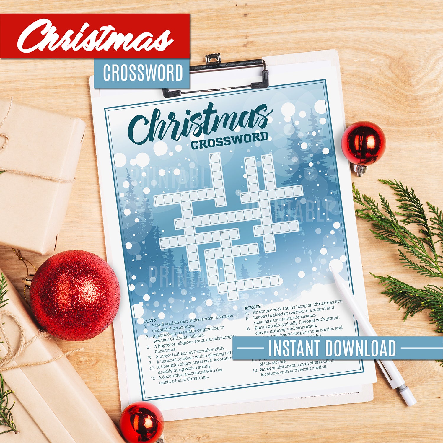Christmas Crossword Puzzle Printable Instant Download Ballistic