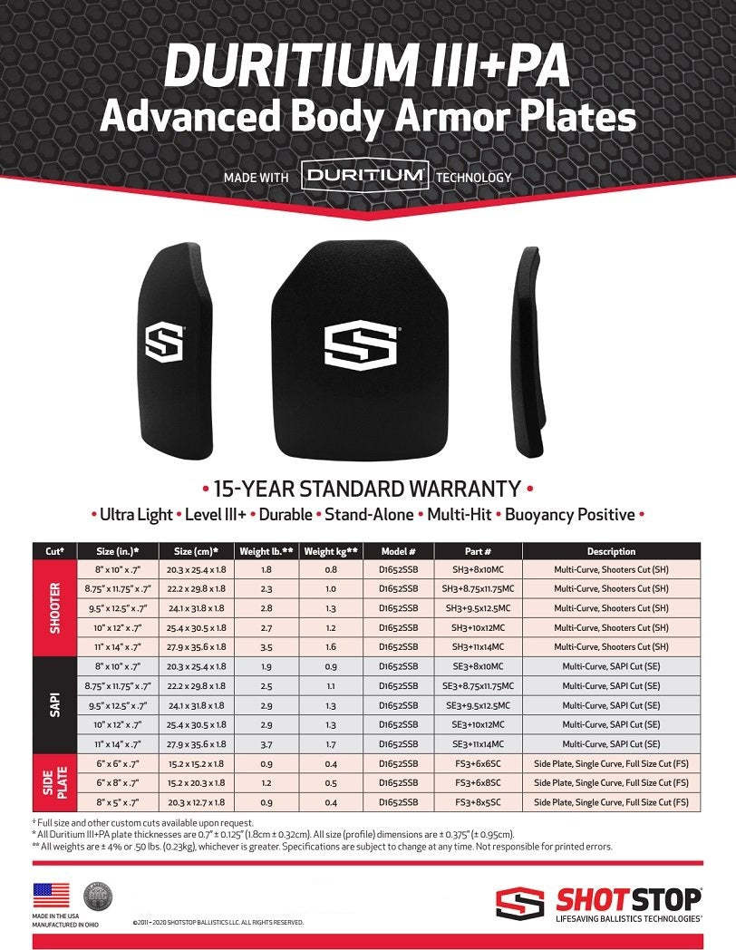 ShotStop Duritium® Level III+PA Ballistic Plates