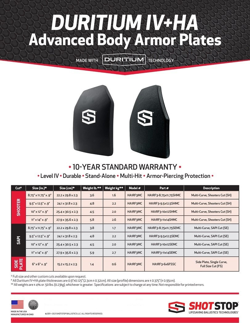 ShotStop Duritium® Level IV+HA Ballistic Plates