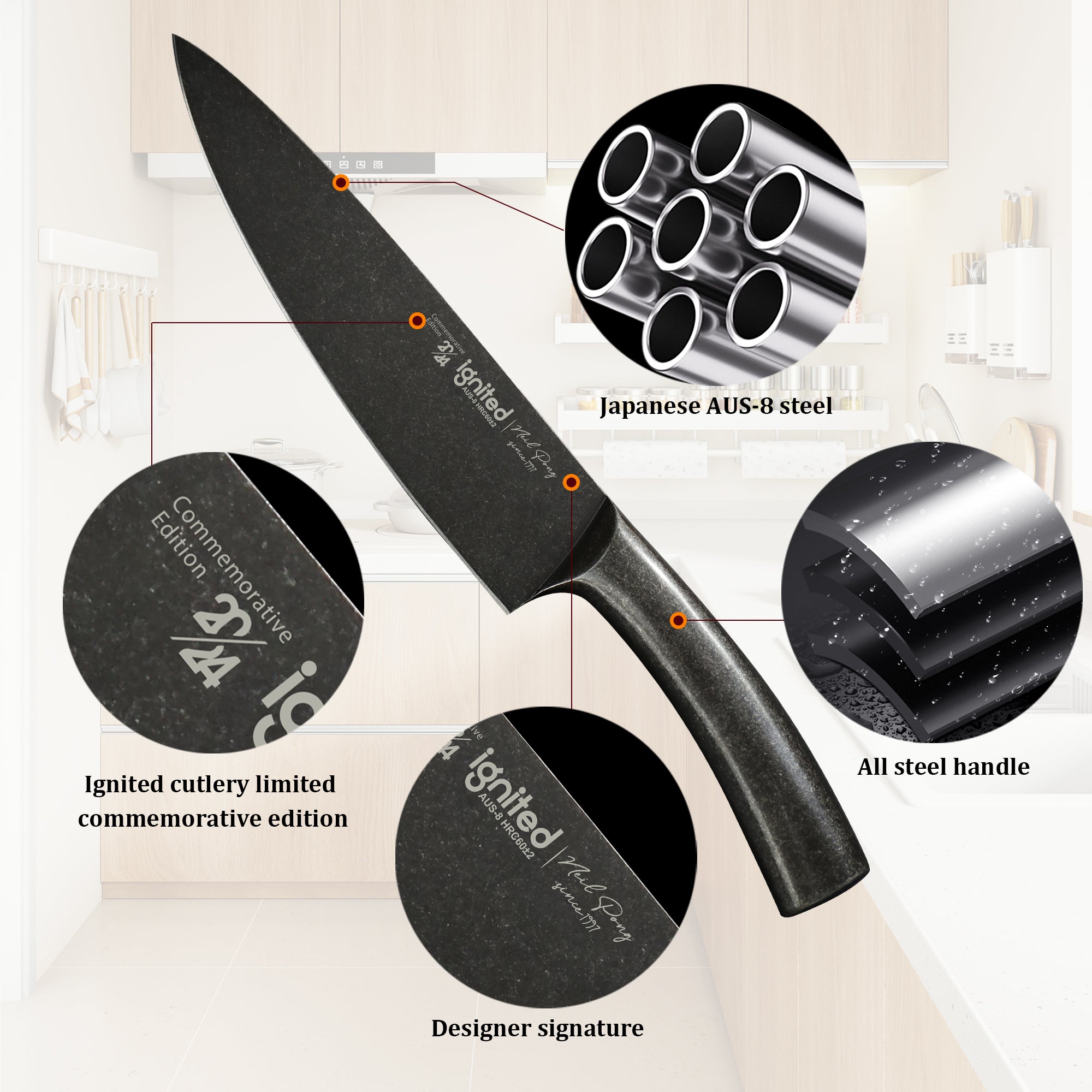 IGNITED CUTLERY 8" Limited Edition Chef Knife – One-Piece All-Steel AUS-8 Knife, 13° Razor Edge, Ergonomic Steel Handle, Stonewashed Finish