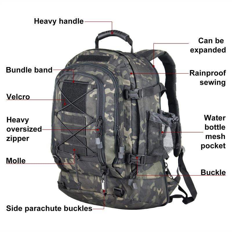 60L Military Tactical 3P Outdoor Travel online Backpack black Rucksack Hiking