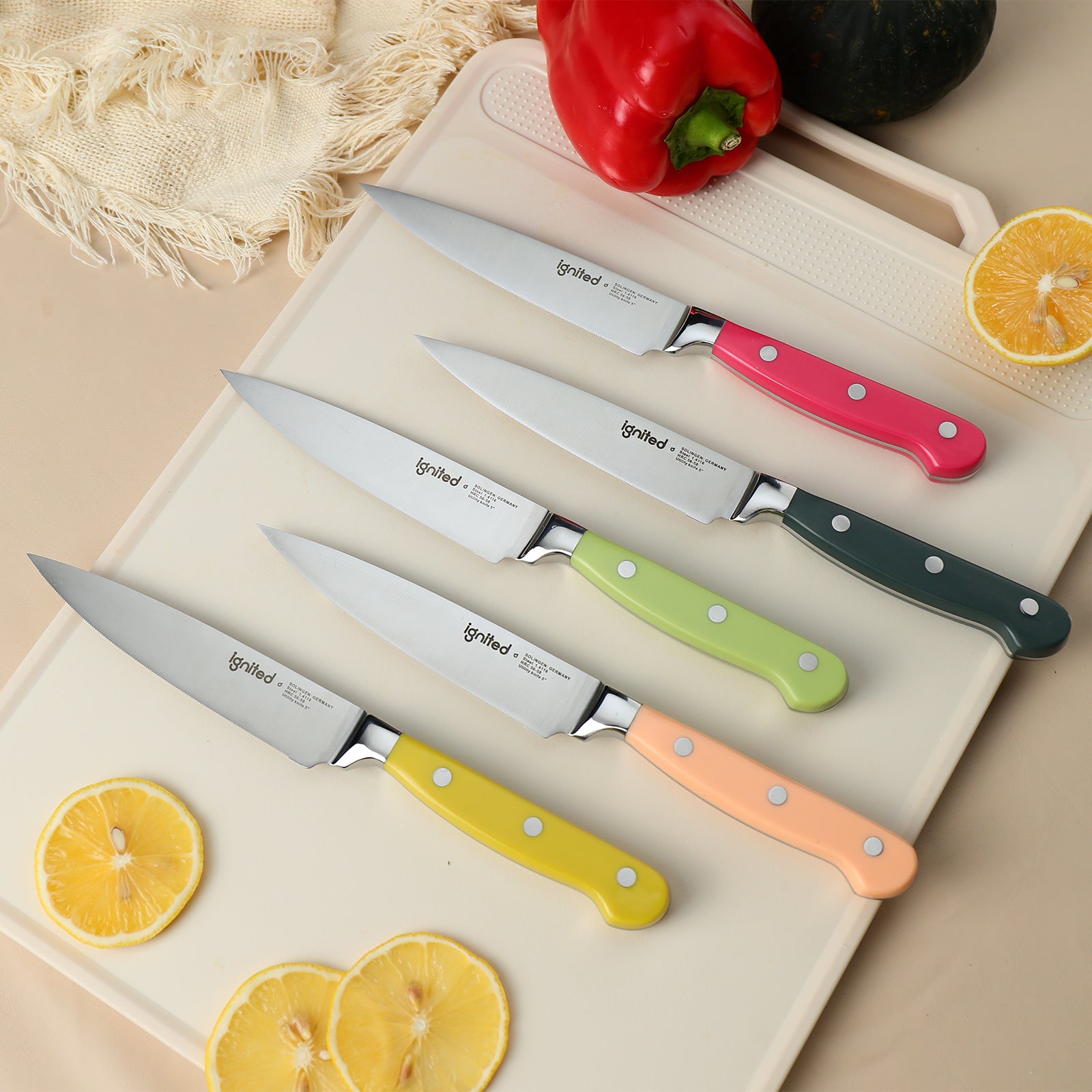 IGNITED CUTLERY 5" Tomato Knife – Serrated Edge, German 1.4116 Stainless Steel, Ergonomic Dopamine-Colored ABS Handle, Multi-Purpose Peeler