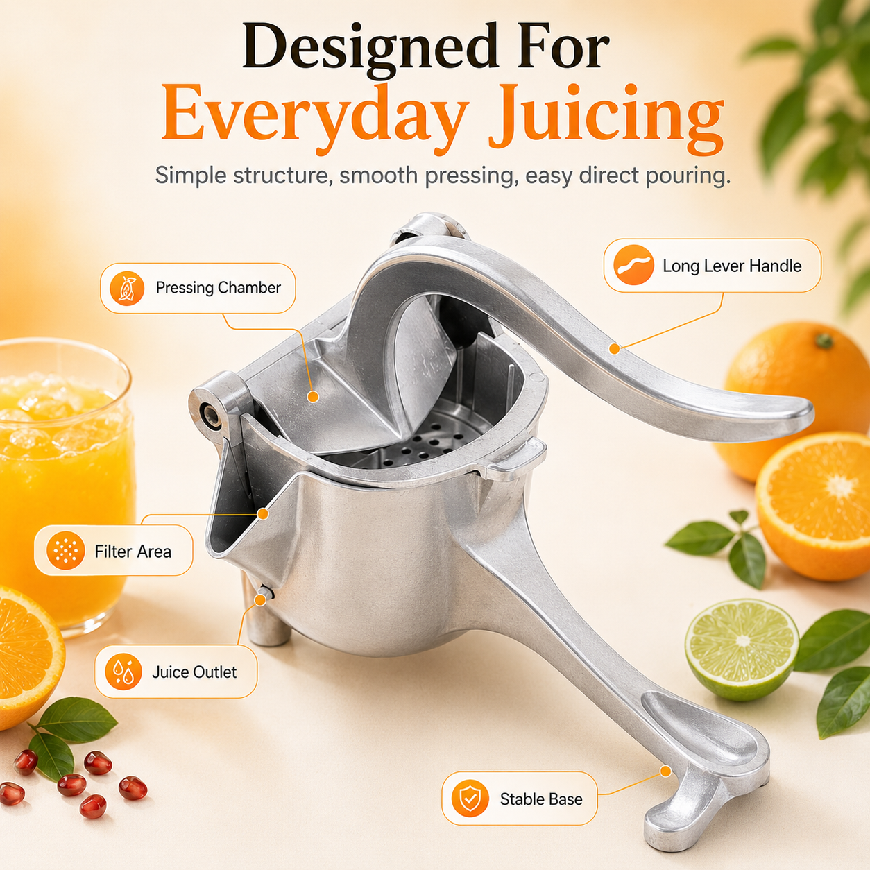 Lever-powered fruit press