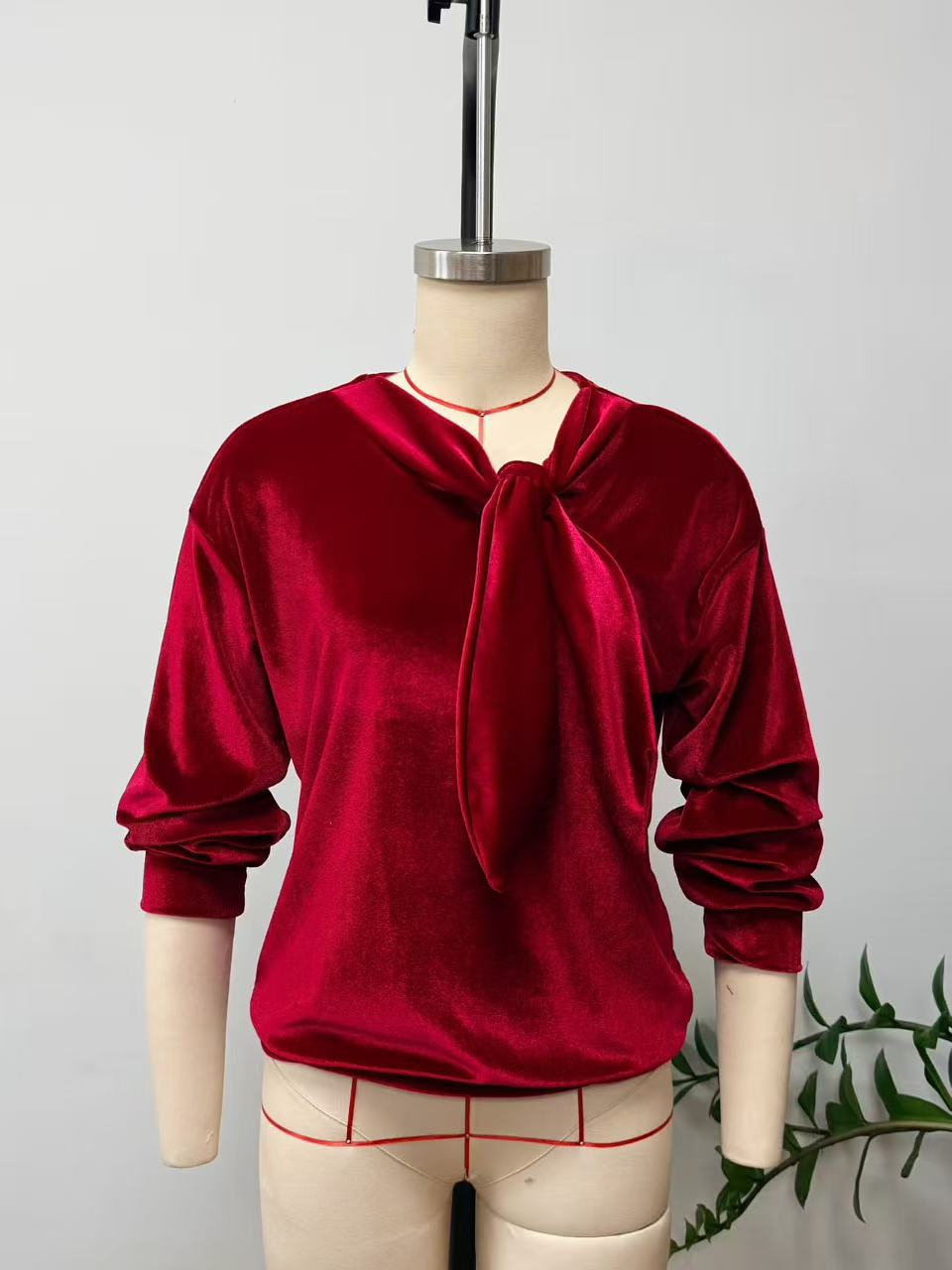 Solid color long sleeve bow top in wine red – loose fit scarf collar front view