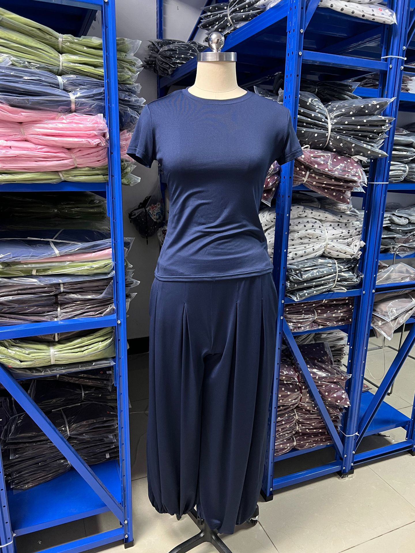 Women's short sleeve tee and harem pants — matching set detail
