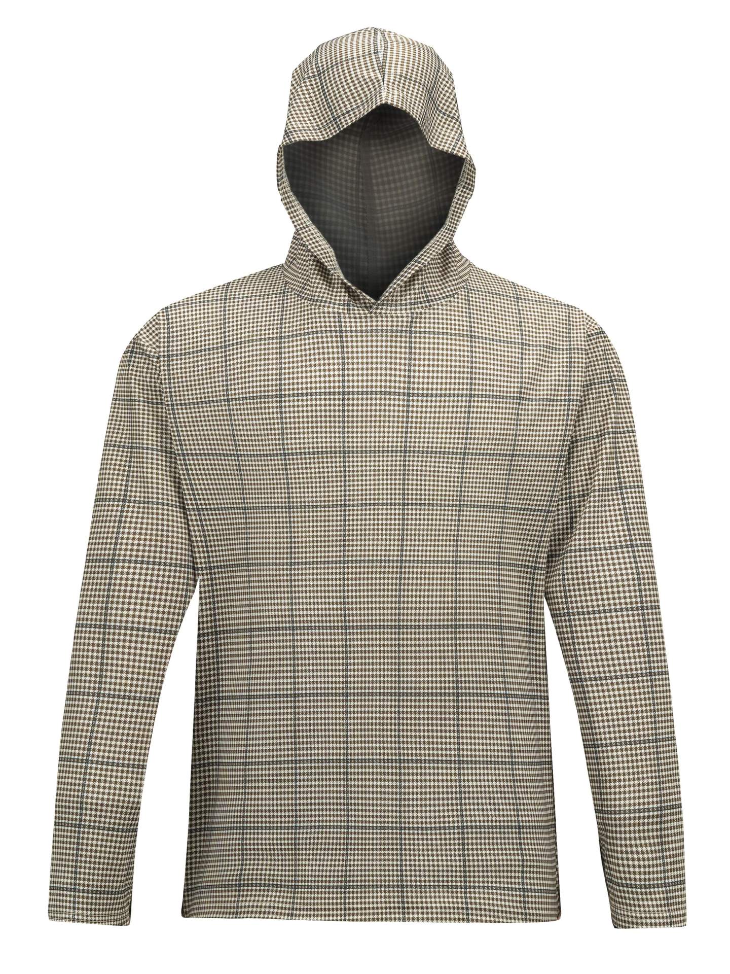 AFTCO Channel Hooded Performance Shirt in houndstooth plaid pattern, front view.