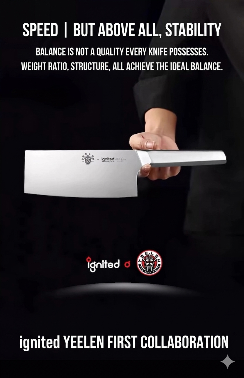 A chef balancing the ignited x YEELEN slicing knife on one finger to demonstrate perfect weight distribution.