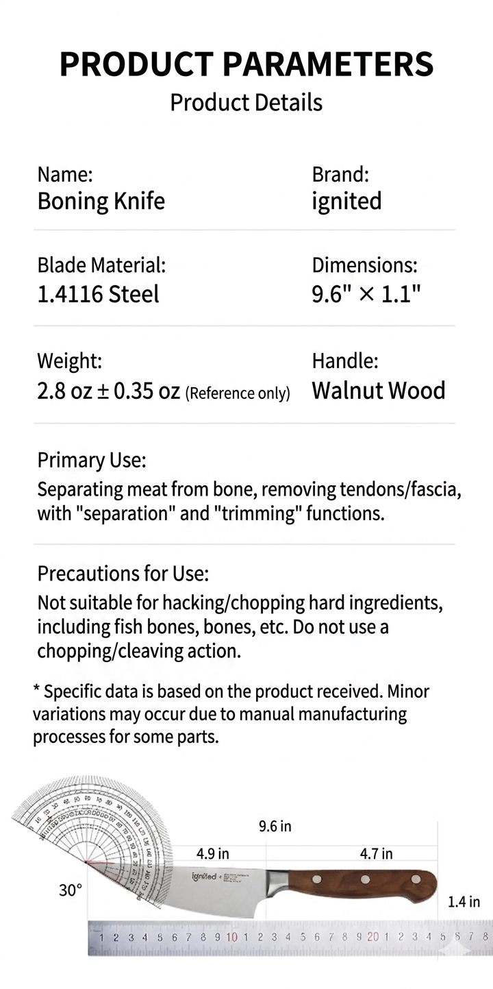 Technical specifications and dimensions of the 5-inch walnut handle boning knife.