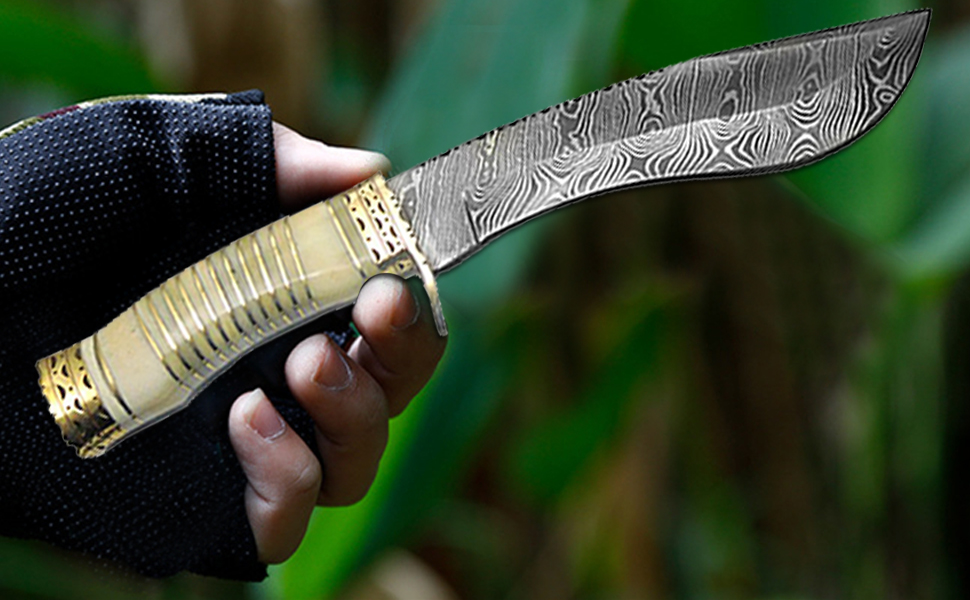 Camel Bone 13" Fixed Blade Custom Handmade Damascus Steel Kukri Hunting Knife