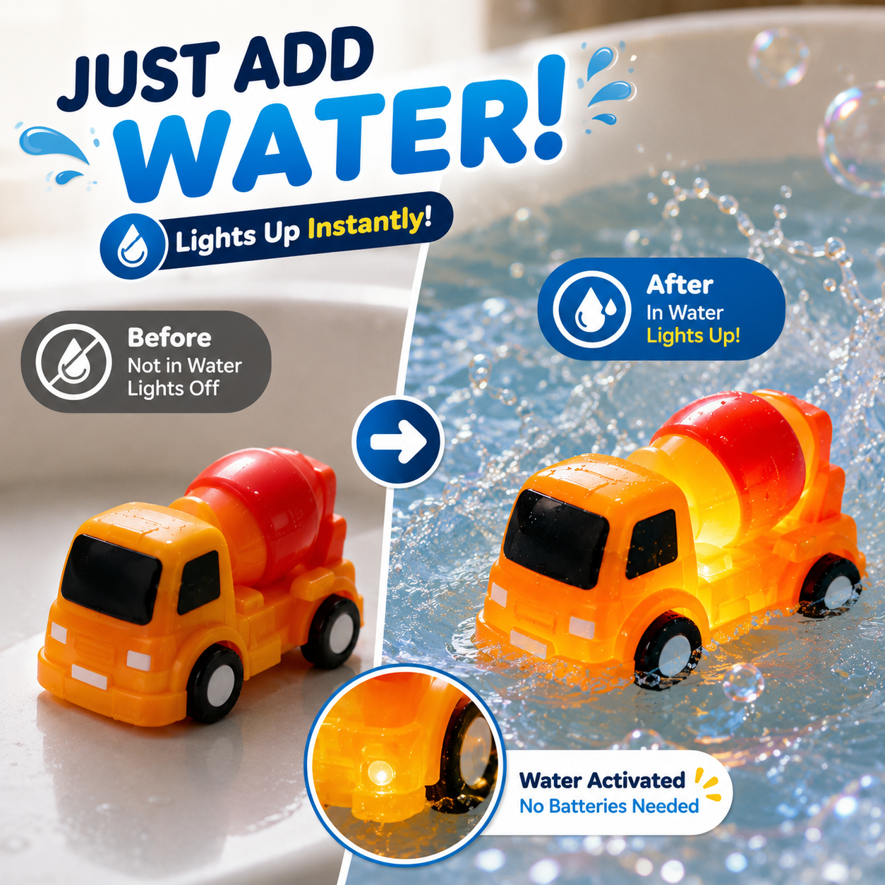 Six colorful traffic and construction bath toy vehicles