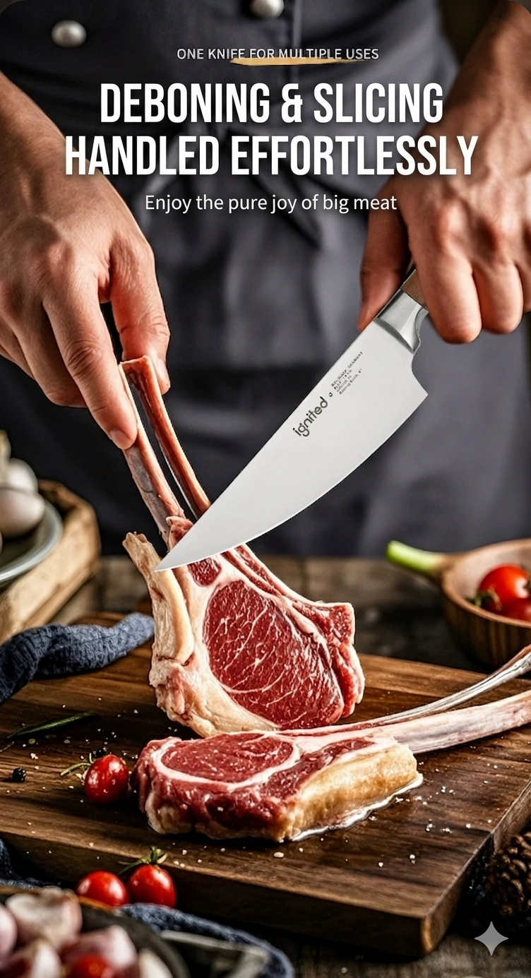 Chef using a professional boning knife to effortlessly slice through tough meat and tendons.