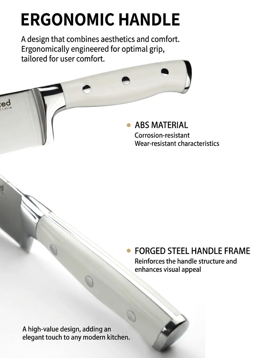 A detailed illustration demonstrating the ergonomic design, ABS material handle, and forged steel handle frame of the Chef's Knife.