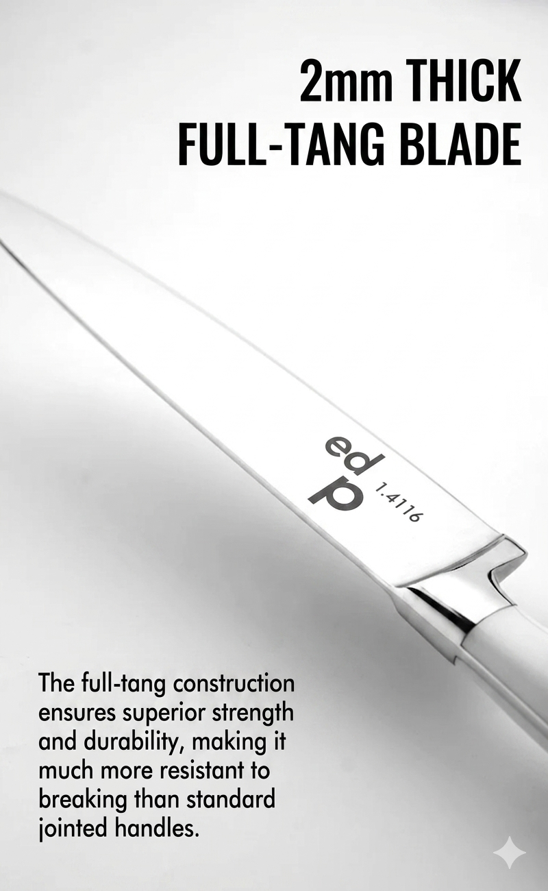 A technical illustration showcasing the 2mm thickness and durable full-tang blade construction of the Chef's Knife.