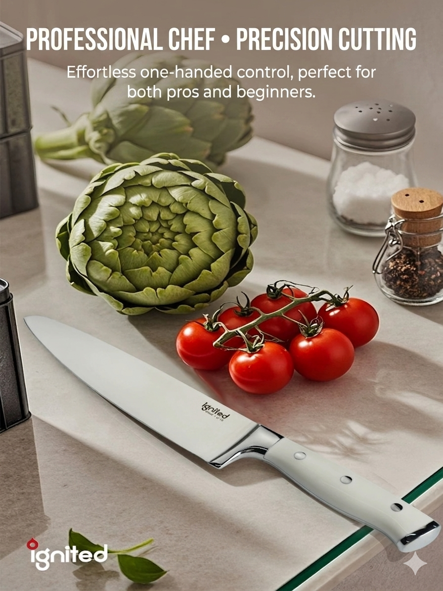 The white chef knife is placed on a kitchen counter next to whole artichokes and a bunch of cherry tomatoes, with the Ignited logo in the foreground.
