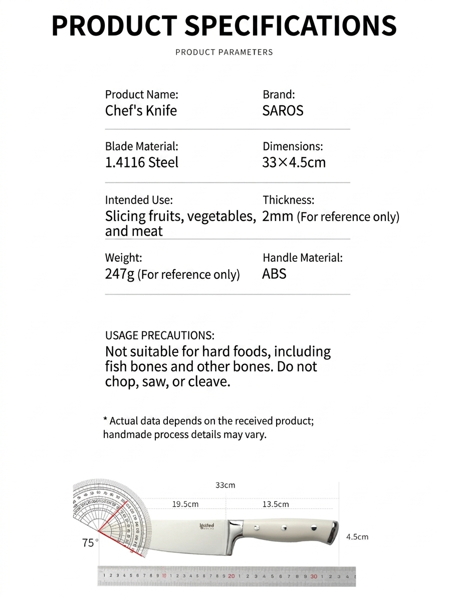 Detailed product specifications in centimeters for the Chef's Knife, including blade material, dimensions, and usage precautions.