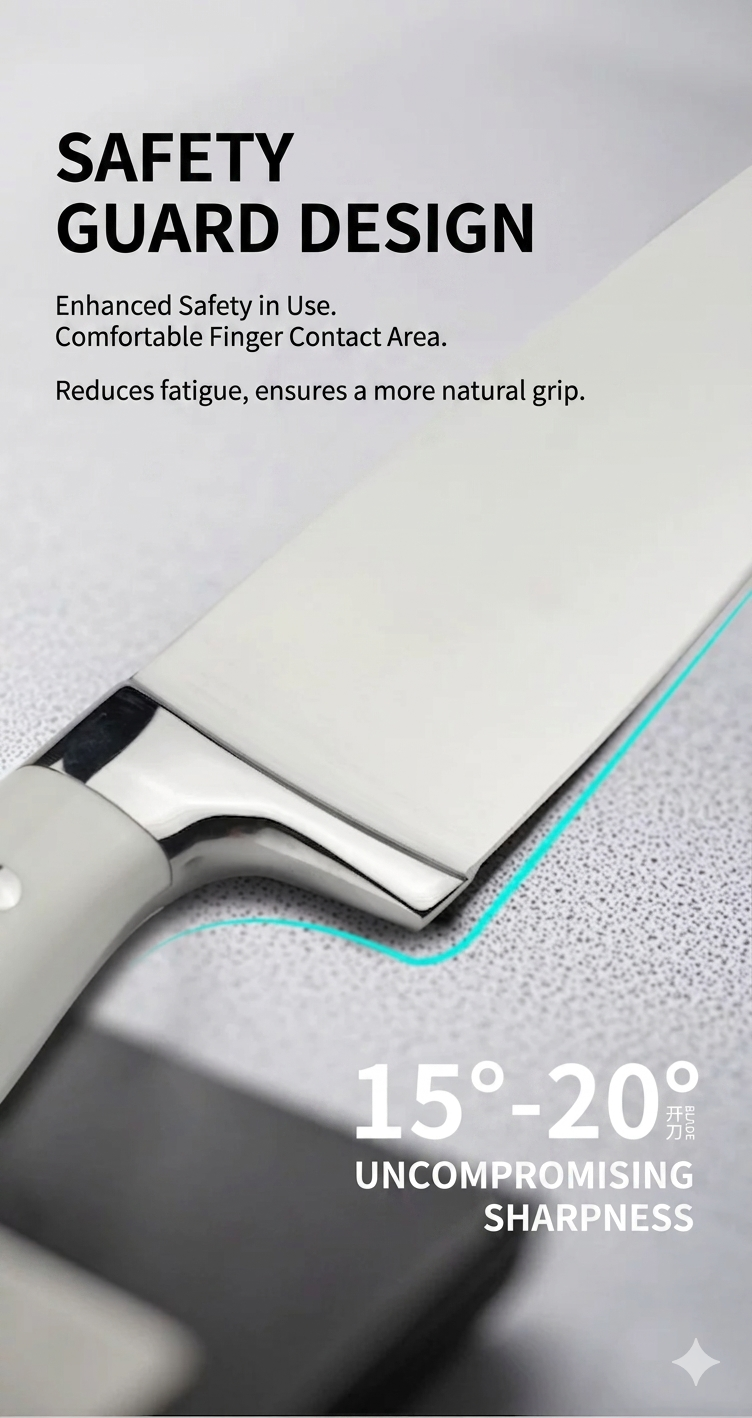 Close-up view of the safety guard design on the white chef knife, with an overlay highlighting the optimal 15-20 degree cutting angle.