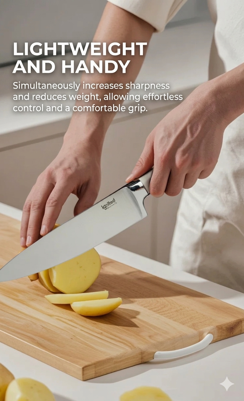 A close-up shot of a hand using the white chef knife to effortlessly slice through potatoes on a wooden cutting board in a kitchen setting.
