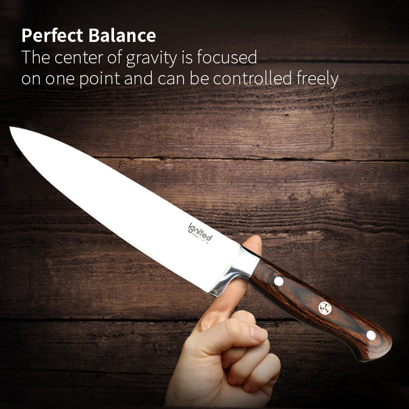IGNITED CUTLERY 8" Western Chef Knife – German 1.4116 Steel, 15° V-Shaped Edge, Ergonomic Olivewood Handle, 58 HRC, High-Aesthetic Design