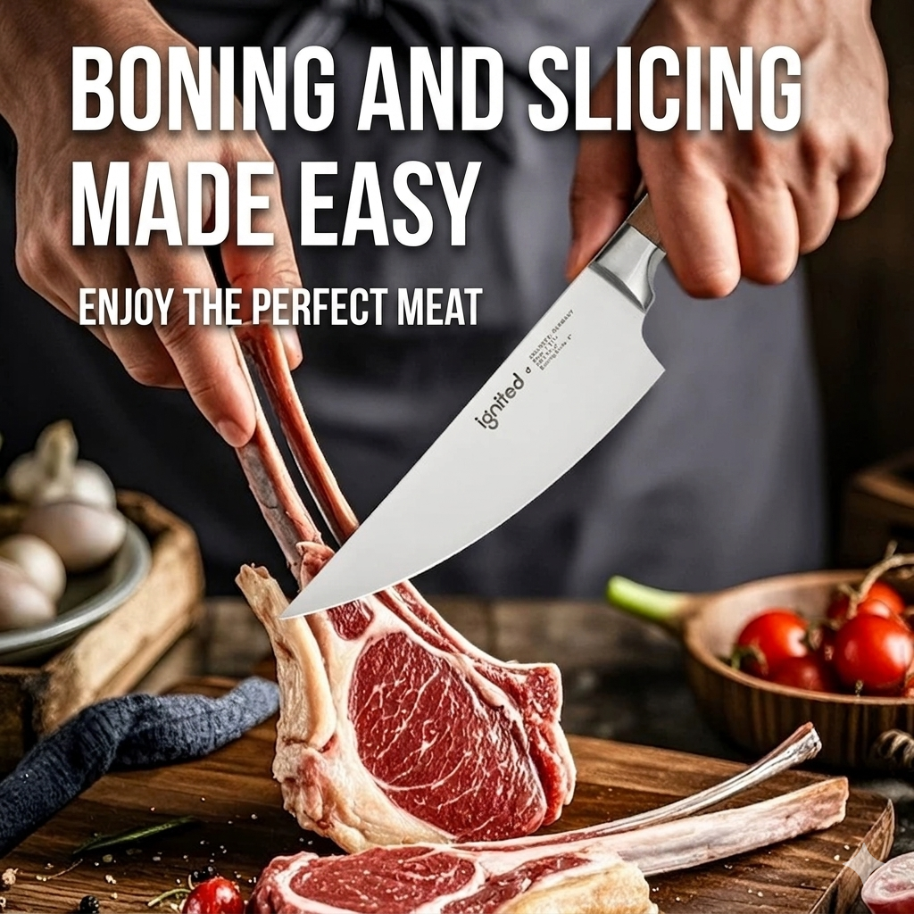 Close-up of a chef using the Ignited 5-inch boning knife to trim a raw, bone-in meat chop, demonstrating effortless deboning and slicing.