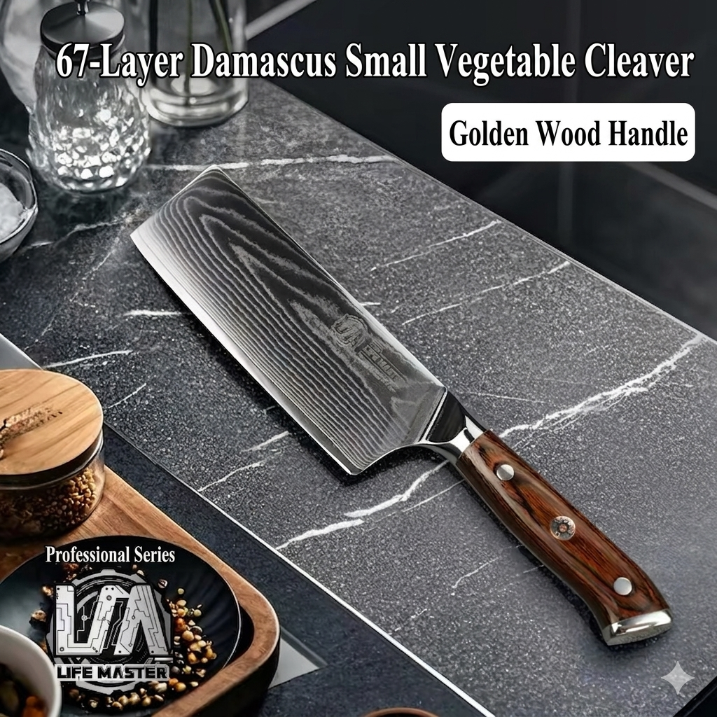 67-layer Damascus steel small vegetable cleaver with premium golden wood handle on a marble countertop.