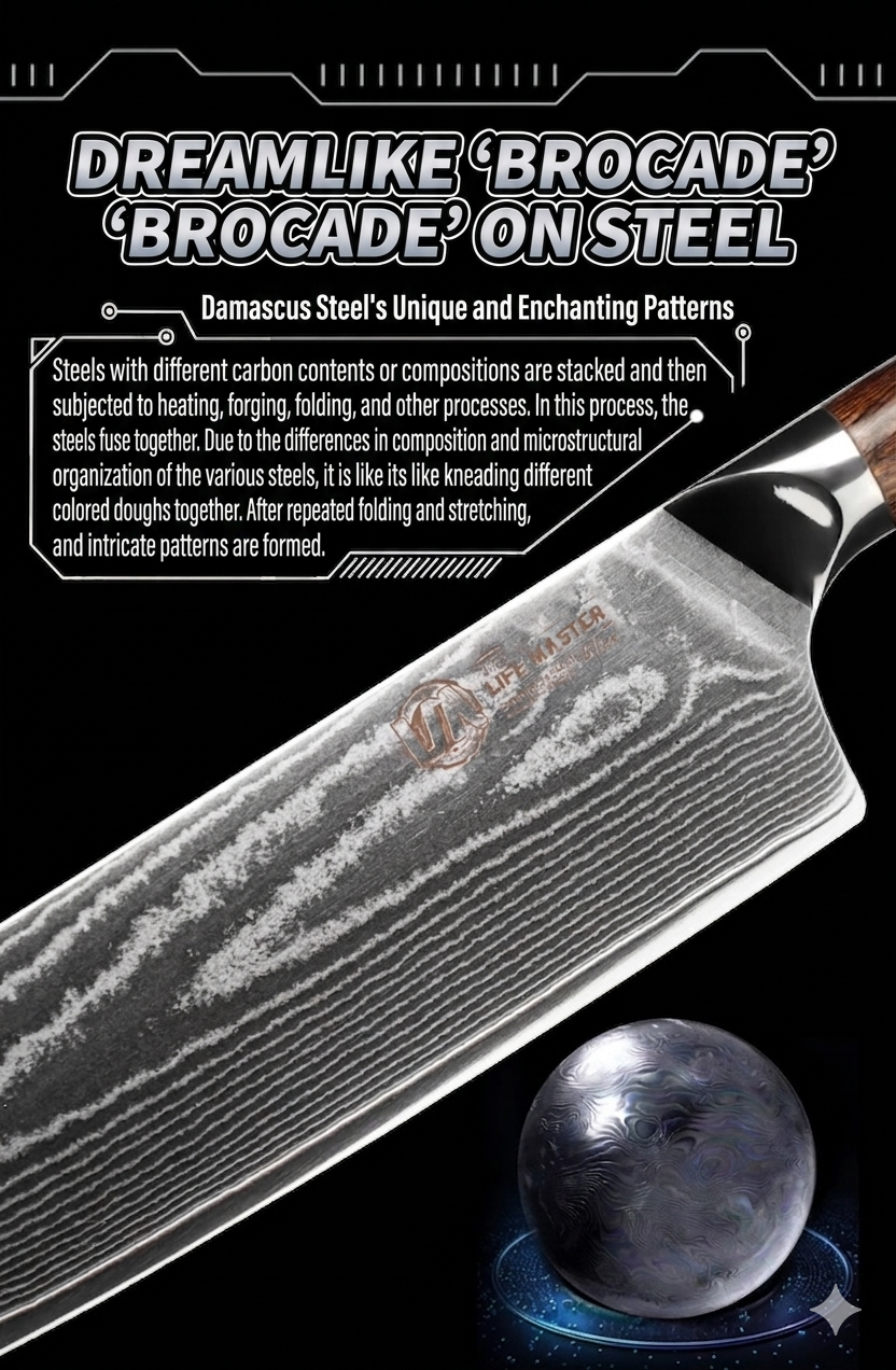 Intricate brocade-like patterns formed by traditional Damascus steel folding and forging.