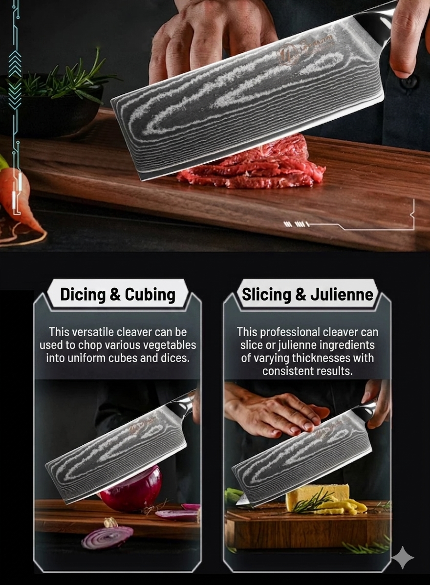 Professional kitchen cleaver for dicing, slicing, and julienne cutting ingredients.