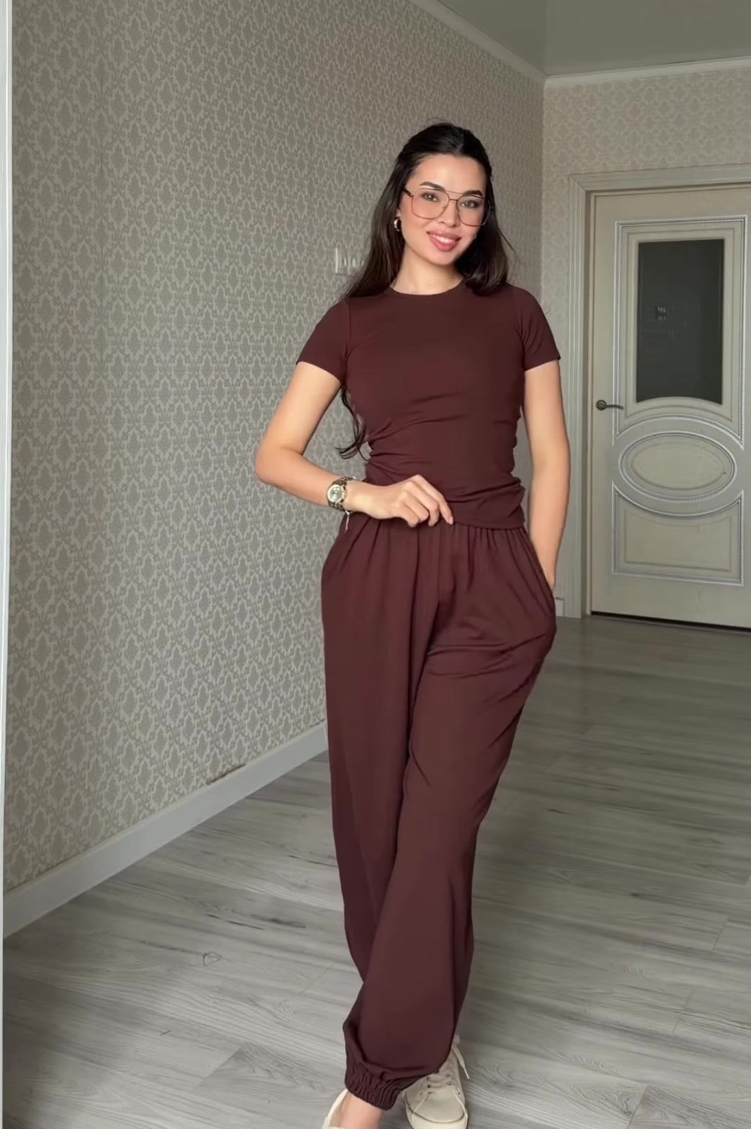 Women's matching two-piece set — fitted top and flowy pants