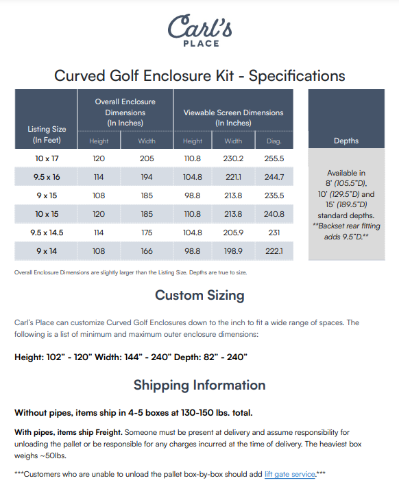 Curved Golf Enclosure Kit - Specifications