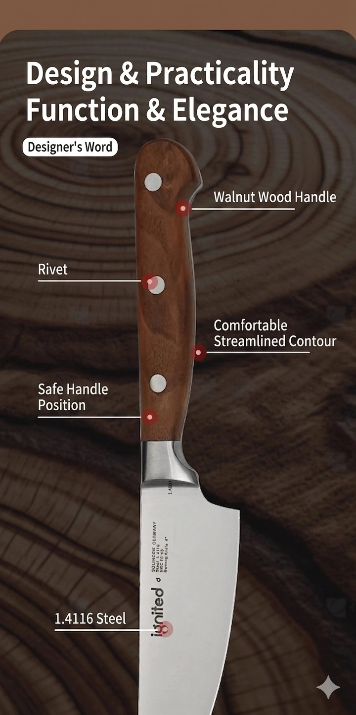 Ergonomic design of Ignited boning knife showing walnut handle and streamlined contour.