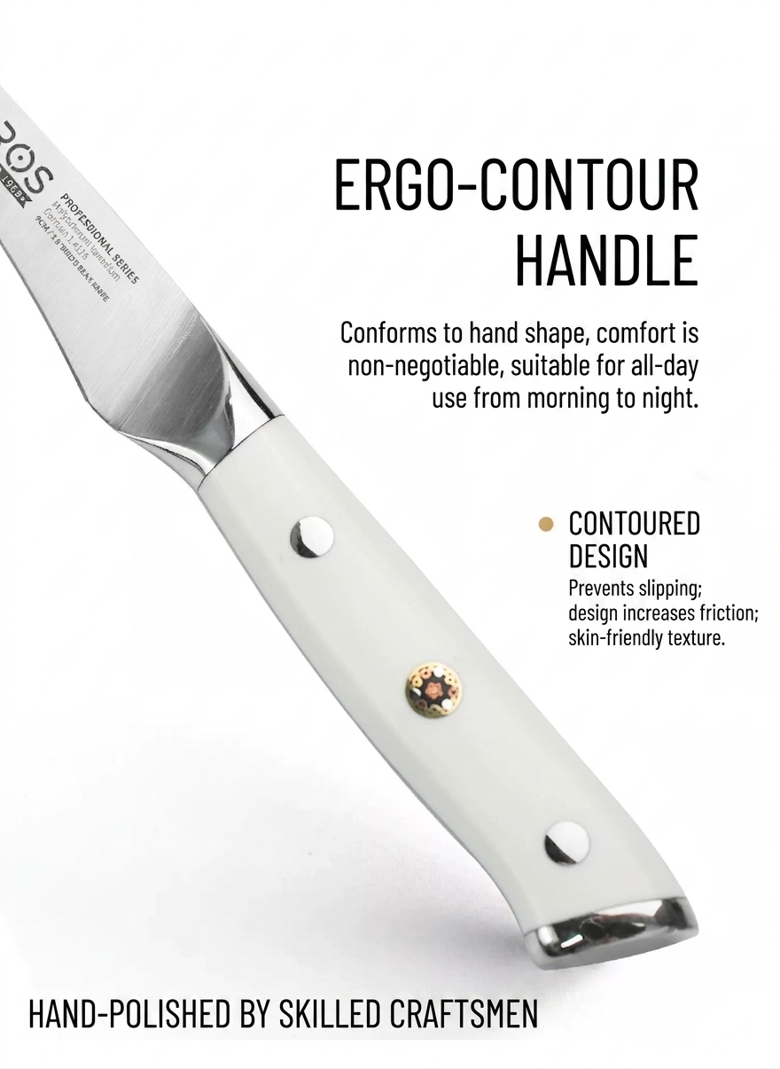 Ergonomic contoured handle of SAROS paring knife for comfortable, non-slip grip.