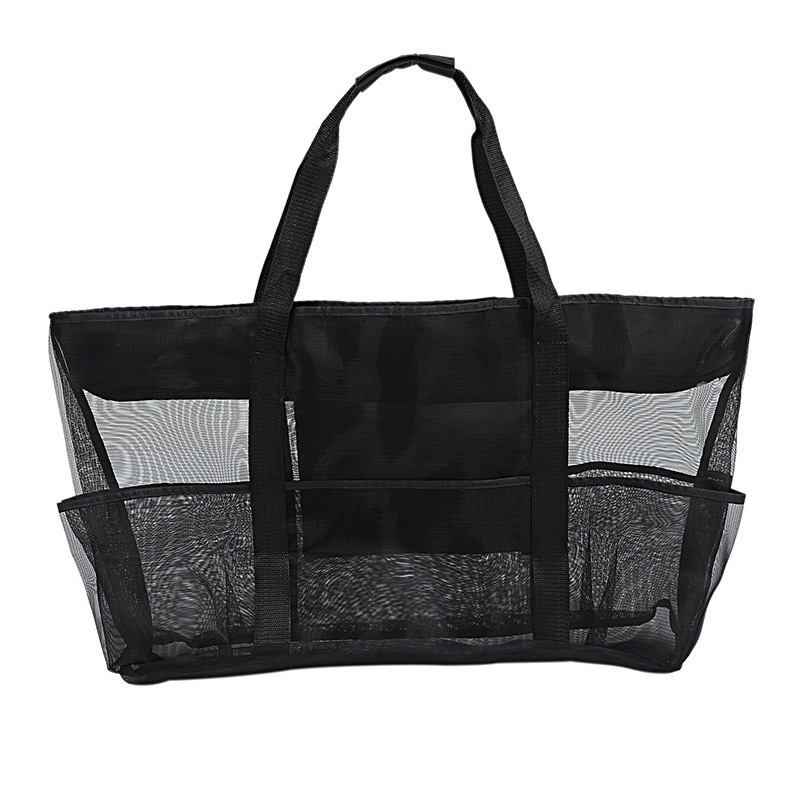 Studio shot of an extra large black mesh pool bag with heavy-duty shoulder straps and mesh organization pockets.