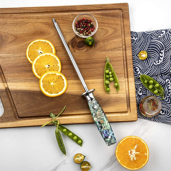 seido awabi sharpening steel on cutting board