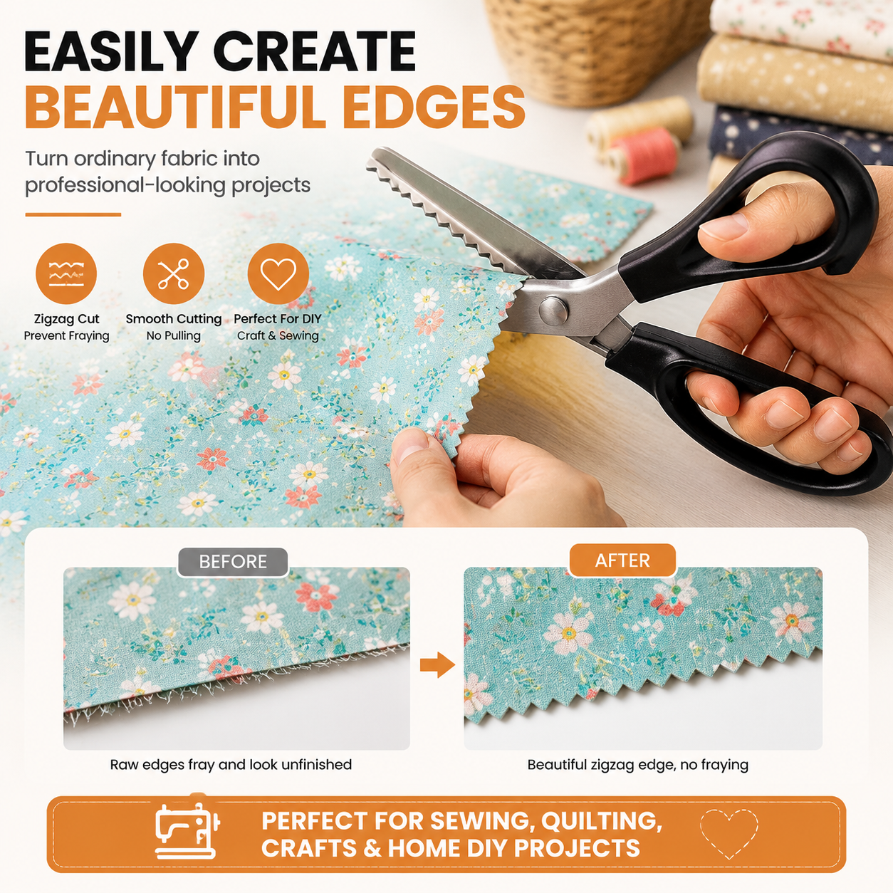 Comparison between regular straight fabric edges and zigzag edges made with pinking shears