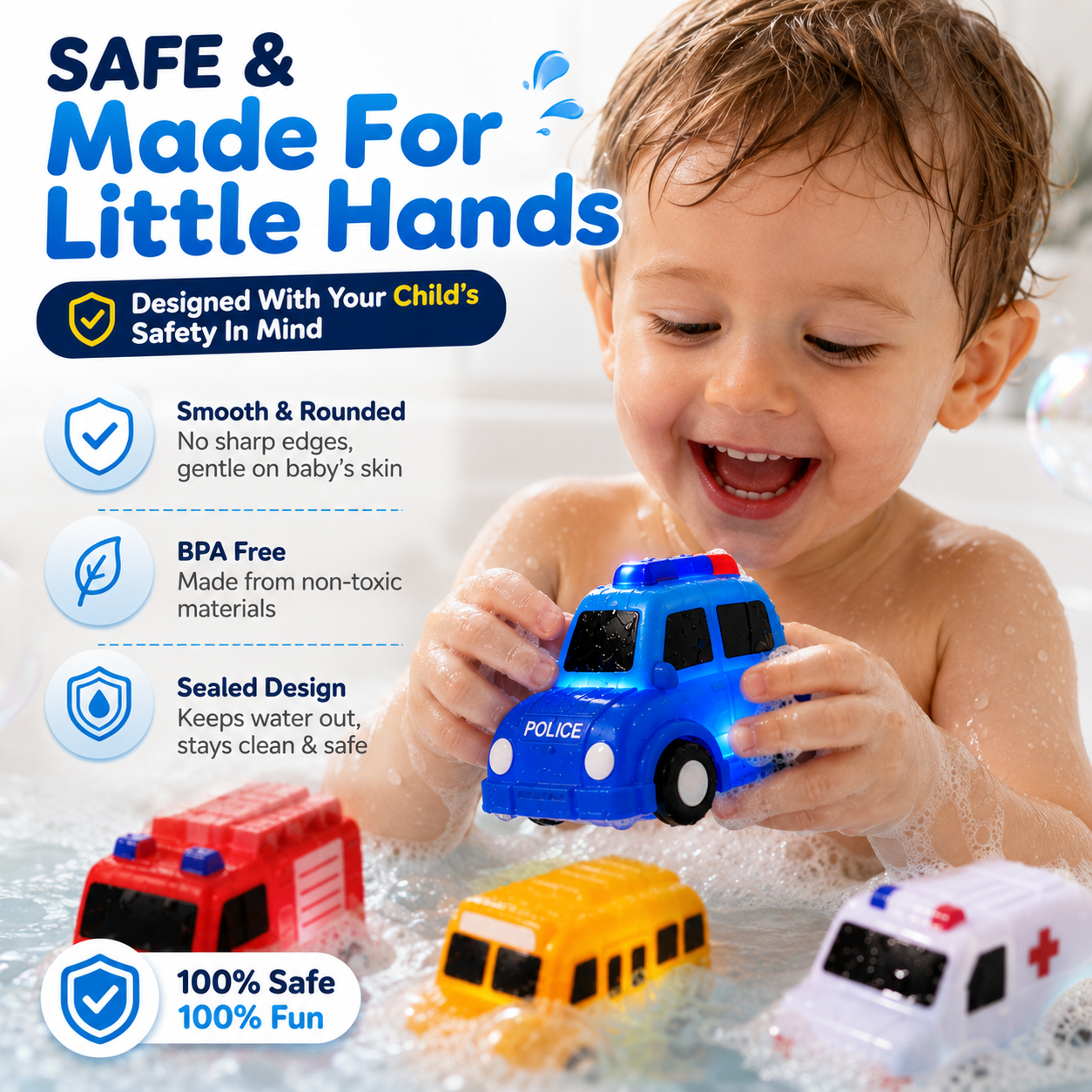 Water activated light up bath toy vehicles for toddlers