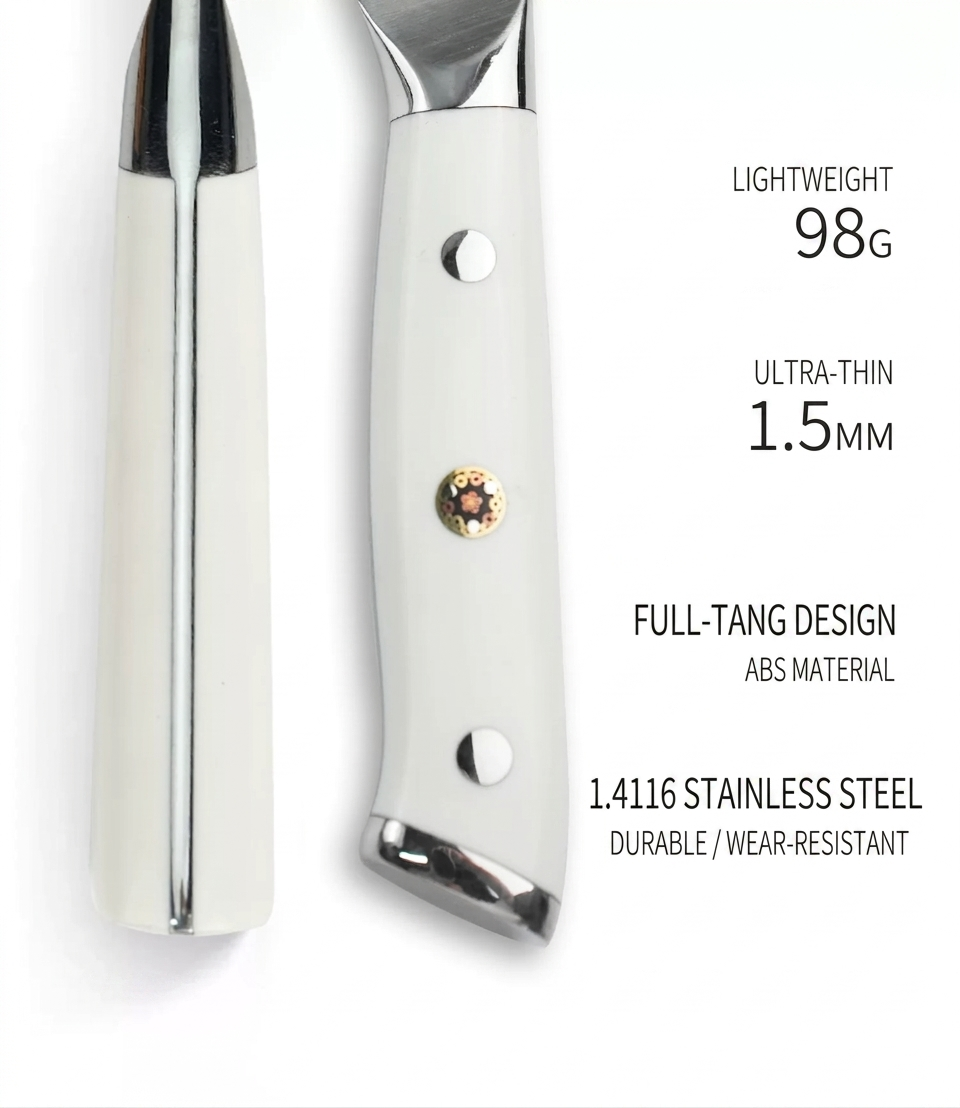 Close-up of the cream white full-tang handle and 1.4116 stainless steel construction.
