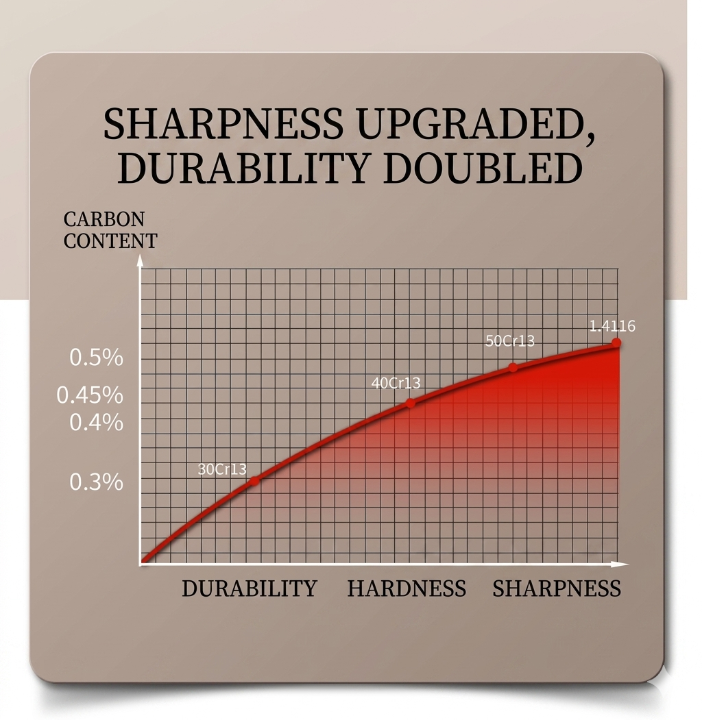 Comparison chart showing higher carbon content and sharpness of 1.4116 German steel vs other alloys.