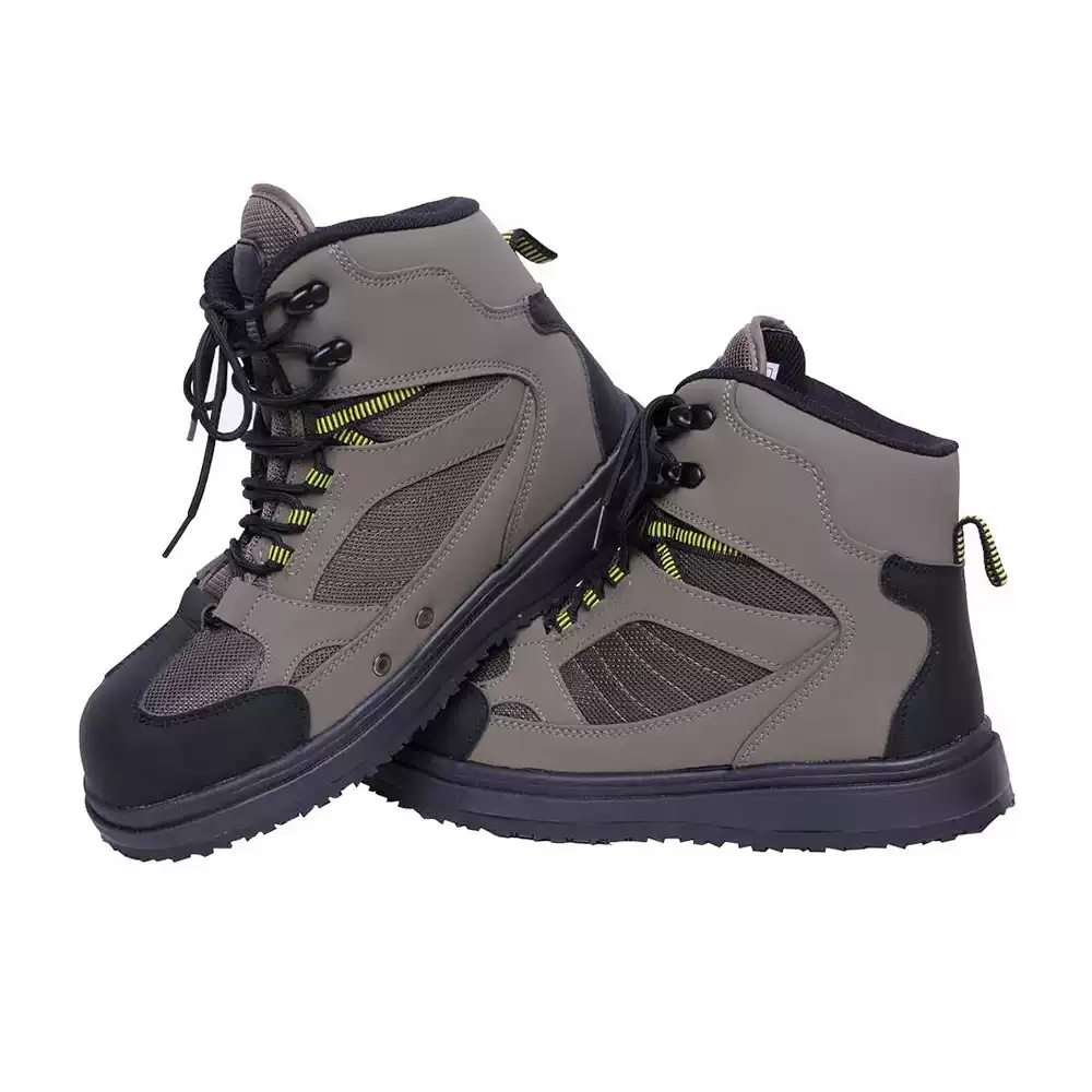 Grundens Bankside Wading Boots in grey and black, high-top fly fishing wading shoes with durable mesh uppers.