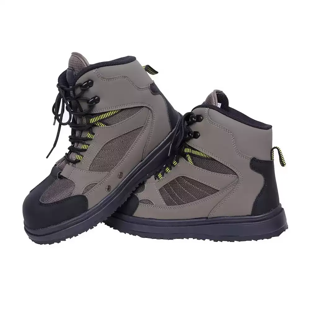 Grundens Bankside Wading Boots in grey and black, high-top fly fishing wading shoes with durable mesh uppers.