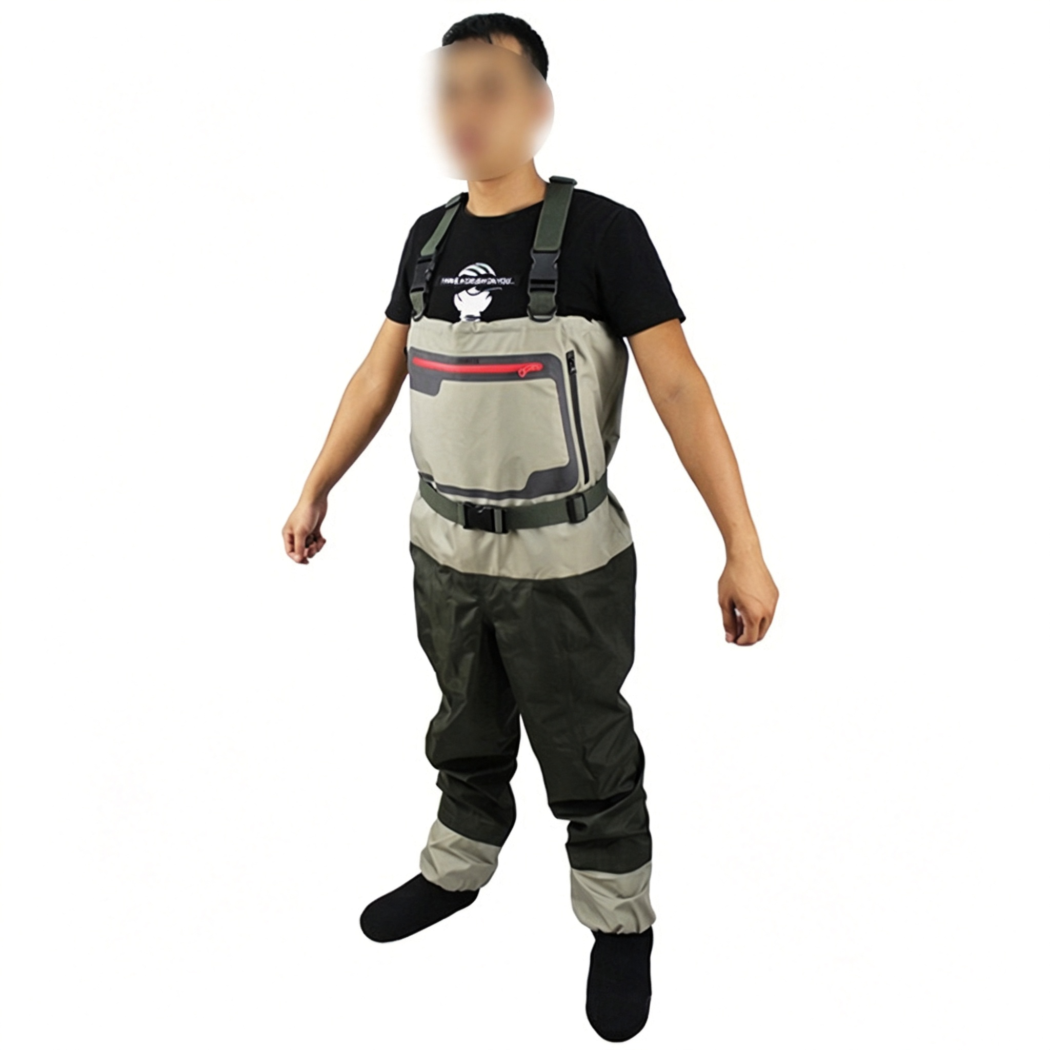 Front angled view of a male model wearing the Grundens Bedrock Stockingfoot Chest Wader with gravel guards.