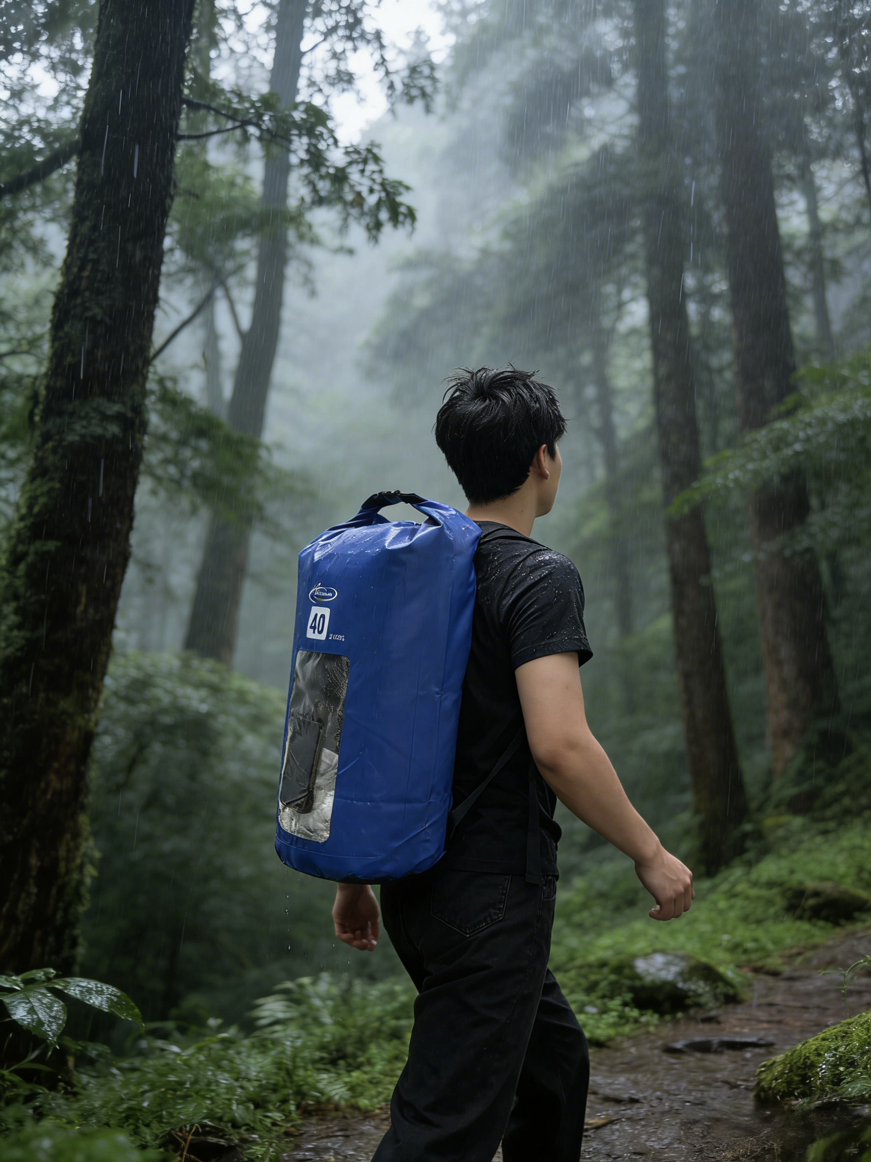 A man wearing the blue Grundens Bootlegger 40L roll top backpack while hiking through a dense, rainy forest trail.