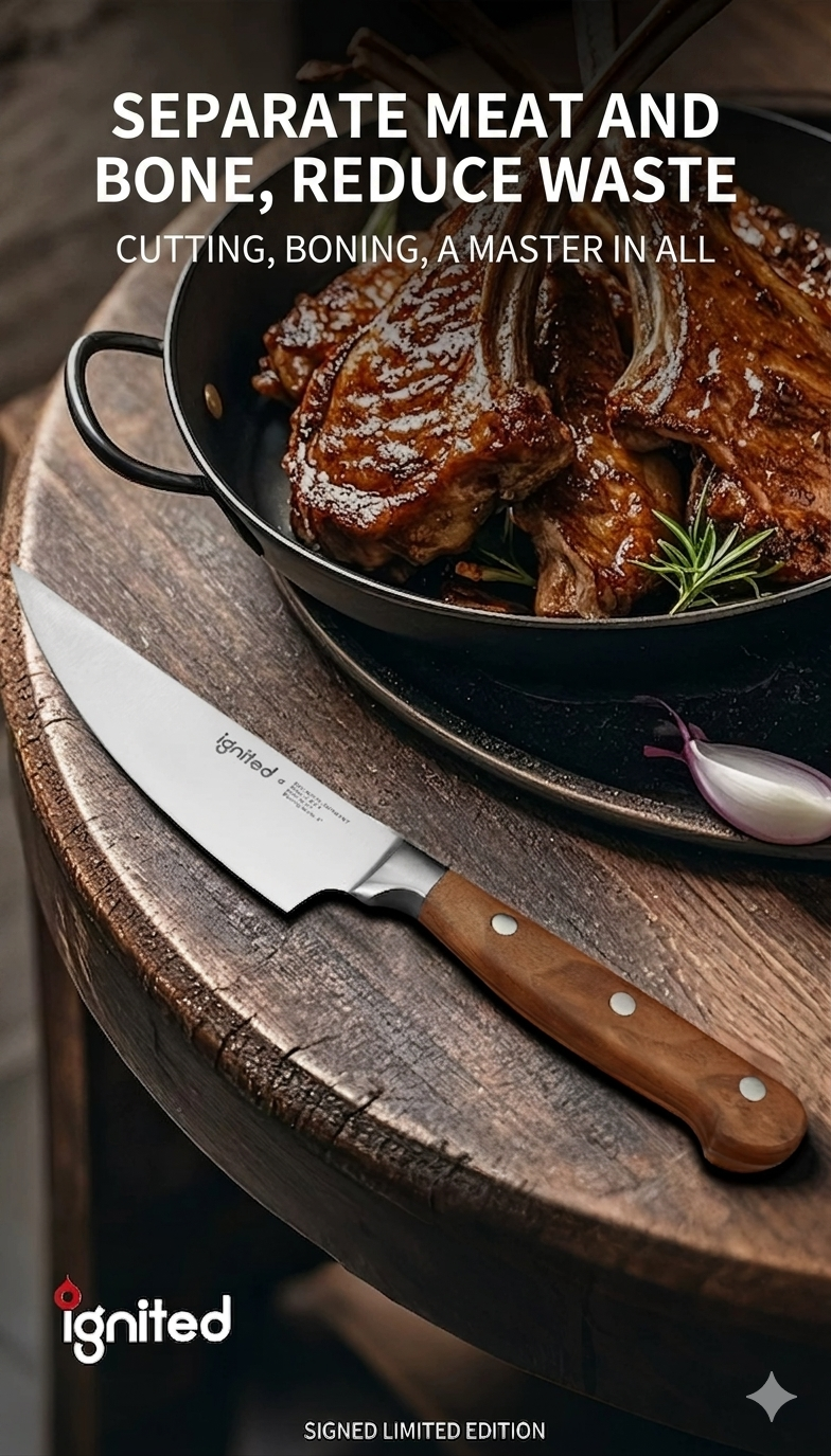 Ignited professional 5-inch boning knife for meat and bone separation with walnut handle.