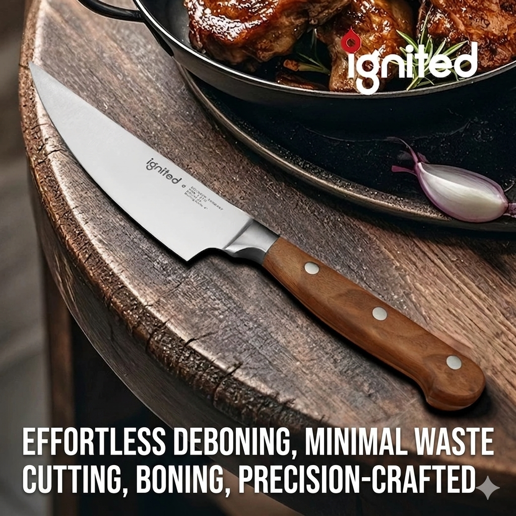Ignited 5-inch boning knife with wood handle resting next to a pan of roasted lamb chops, illustrating precision cutting for a perfect meat preparation.