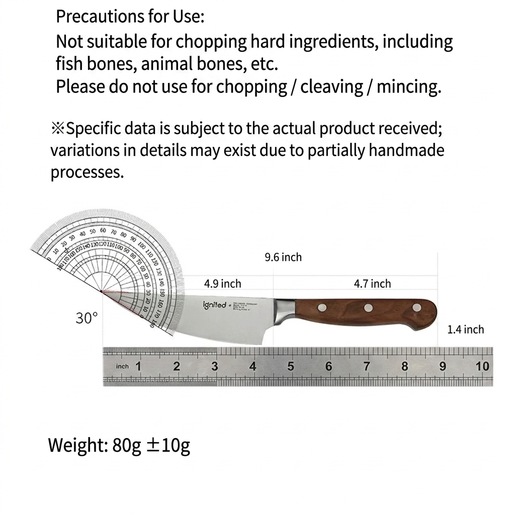 A technical diagram showing the dimensions of the Ignited 5-inch boning knife, including blade length, handle length, and weight, along with precautions for use.