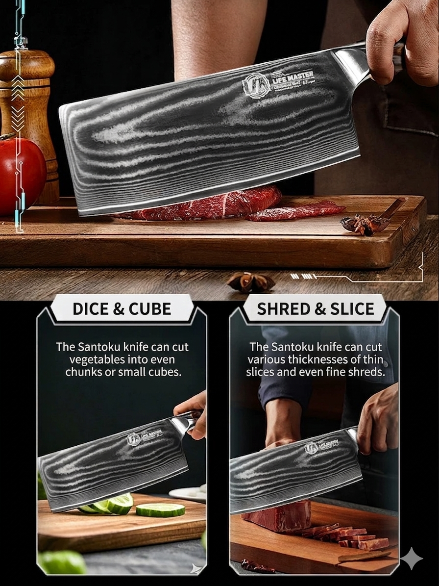 Demonstration of a chef using the Ignited Cutlery slicing knife to effortlessly slice through raw meat and dice cucumbers, showcasing its versatility for all-purpose kitchen use.