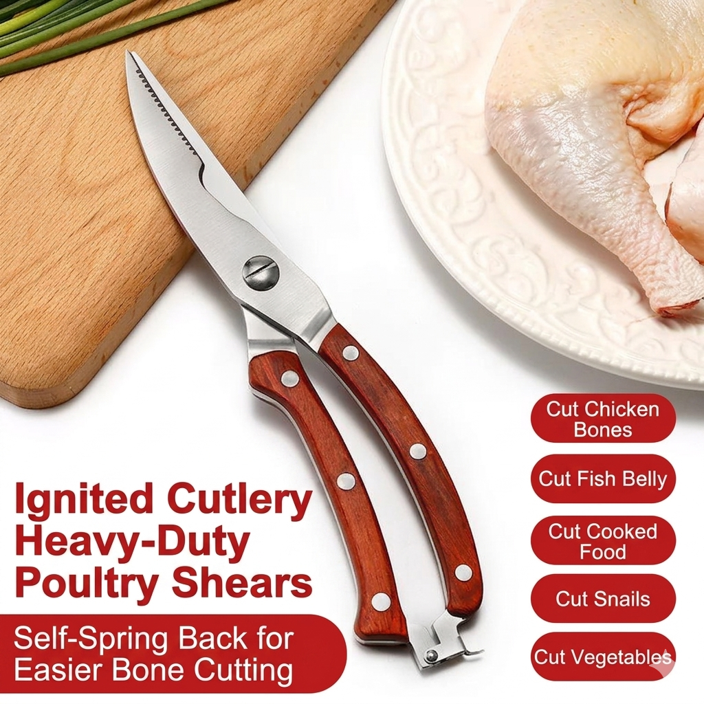 Product feature infographic showing Ignited Cutlery poultry shears on a white surface next to a wooden cutting board with raw chicken and green onions. Text overlays list various cutting applications.