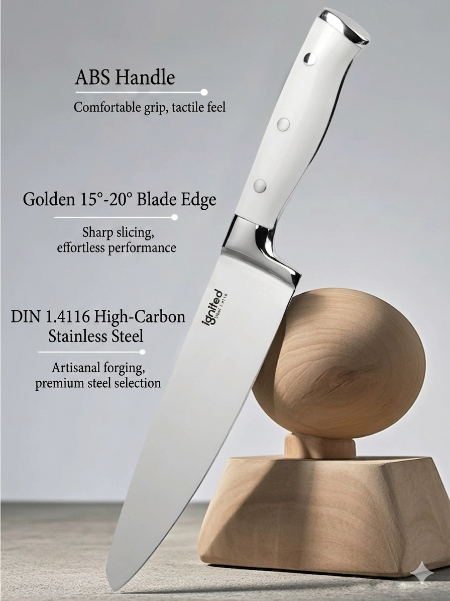 A close-up of the Ignited Cutlery milky white chef knife, highlighting key features like the ABS handle, 15-20 degree blade edge, and DIN 1.4116 high-carbon stainless steel.