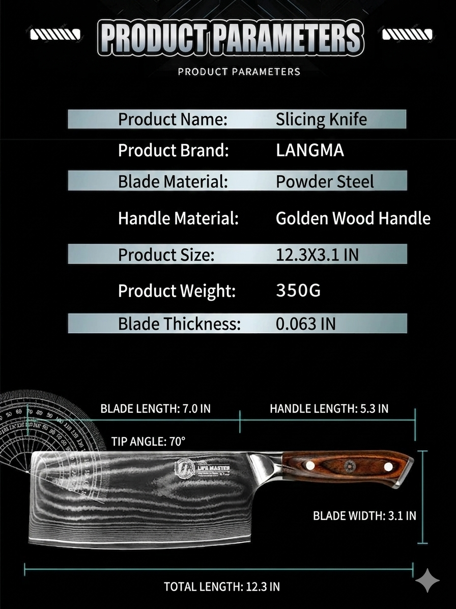 Technical specifications table for the Ignited Cutlery Year of the Snake limited edition slicing knife, detailing the SG10 powder steel blade, golden wood handle, and product dimensions (12.3 x 3.1 inches).